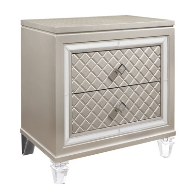 Champagne Cross Nightstand: Acrylic Front Leg Molding, Jewel Embellished Hardware, Spacious Drawers, Mirror Accents, Solid Wood + Structure Sign, Draw