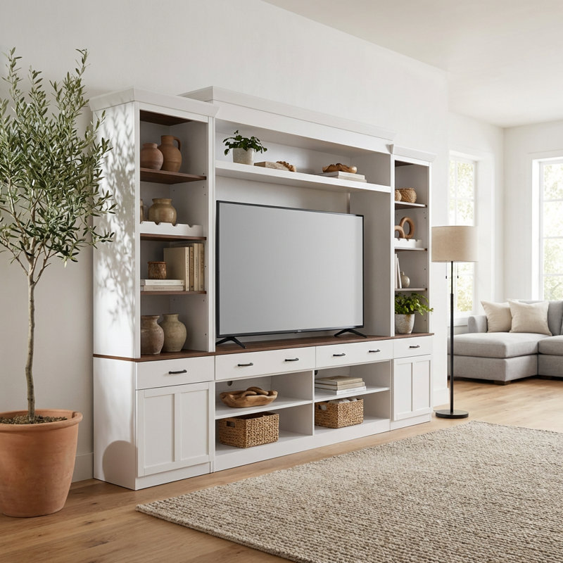 Farmhouse Style 4-Piece Entertainment Center with Bookshelves and Wine Rack for Large Screen Televisions Up to 70 Inches, Media Console with Adjustable Shelves and Cable Management for Living Room Storage
