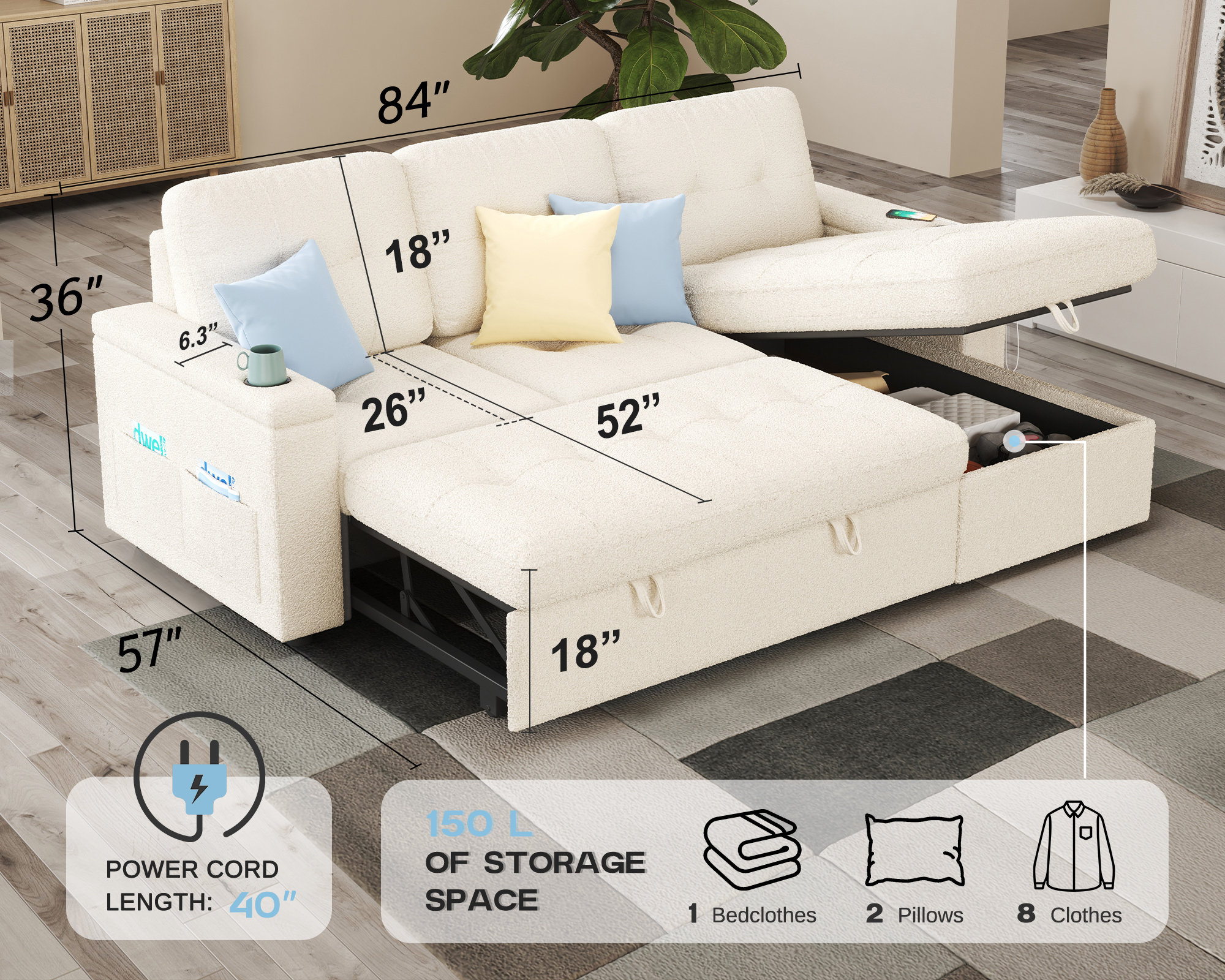 Sleeper Sofa Bed, 84 Inch Pull Out Couch With 2 USB & Cup Holders, Tufted L Shape Convertible Sofa With Storage Chaise
