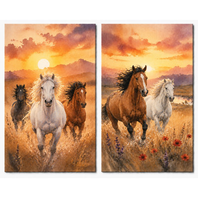 Grand ensemble de 2 reproductions d'art sur toile, "Sunset Meadow Farm", impression sur toile 16 x 24 pouces - prête à être accrochée
