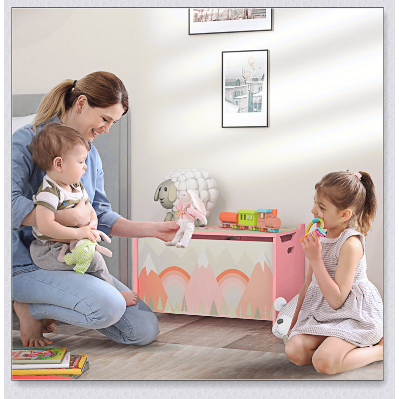Boîte à jouets avec couvercle, organisateur de rangement de coffre à jouets pour chambre à coucher Qabo, charnière de sécurité, motif animal mignon, rose