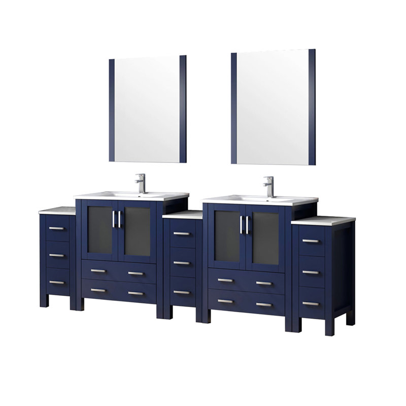 Meuble-lavabo double bleu marine 96 po L, robinet, 28 miroirs, plateau en céramique blanche pour économiser de l'espace dans la salle de bain - bleu, meuble-lavabo, comptoir, salle de bain