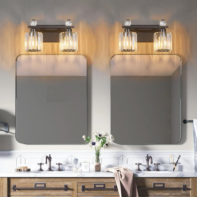 Luminaire de meuble-lavabo moderne en cristal avec abat-jour en cristal K9 et finition noire, compatible avec les ampoules E26, installation facile pour un éclairage au-dessus d'un miroir
