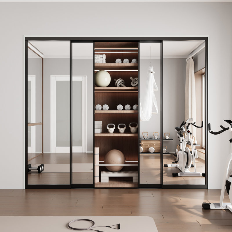 Portes de garde-robe coulissantes en métal à double vitrage métallique double miroir en aluminium 96 po x 80 po, Black