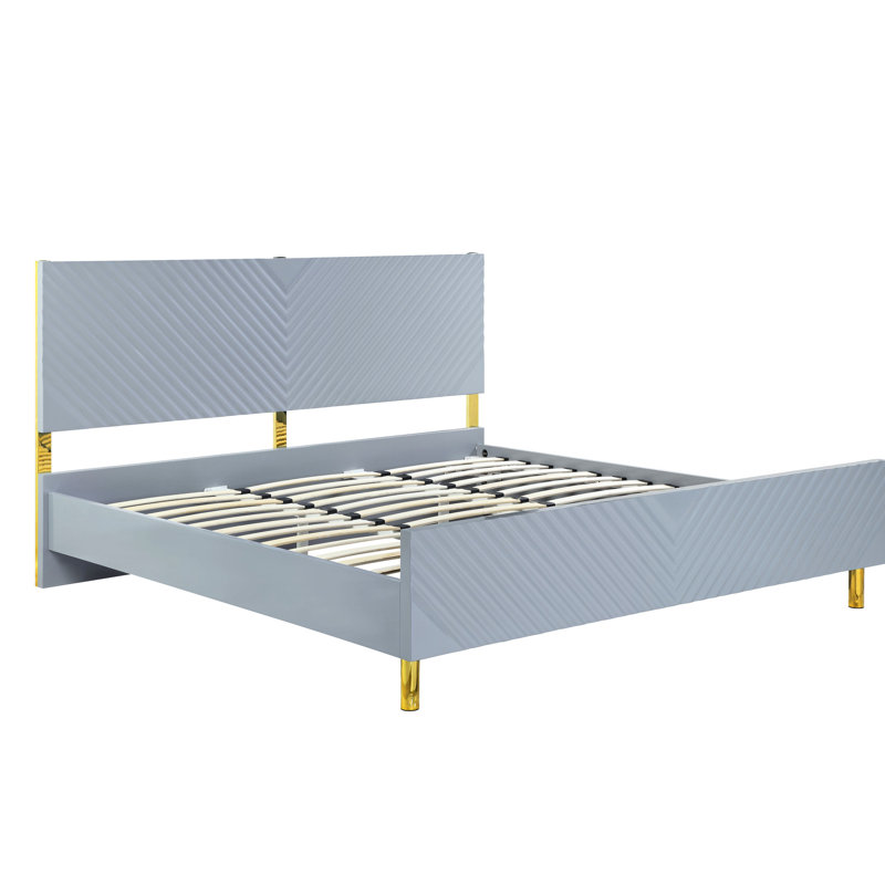 Lit Ek gris avec motif à vagues et finition ultrabrillante, pieds en métal, 39 lattes, entièrement en kd, sans sommier, poids de 660 lb, structure de kd de l 86 po x P 81 po H, capacité de poids,