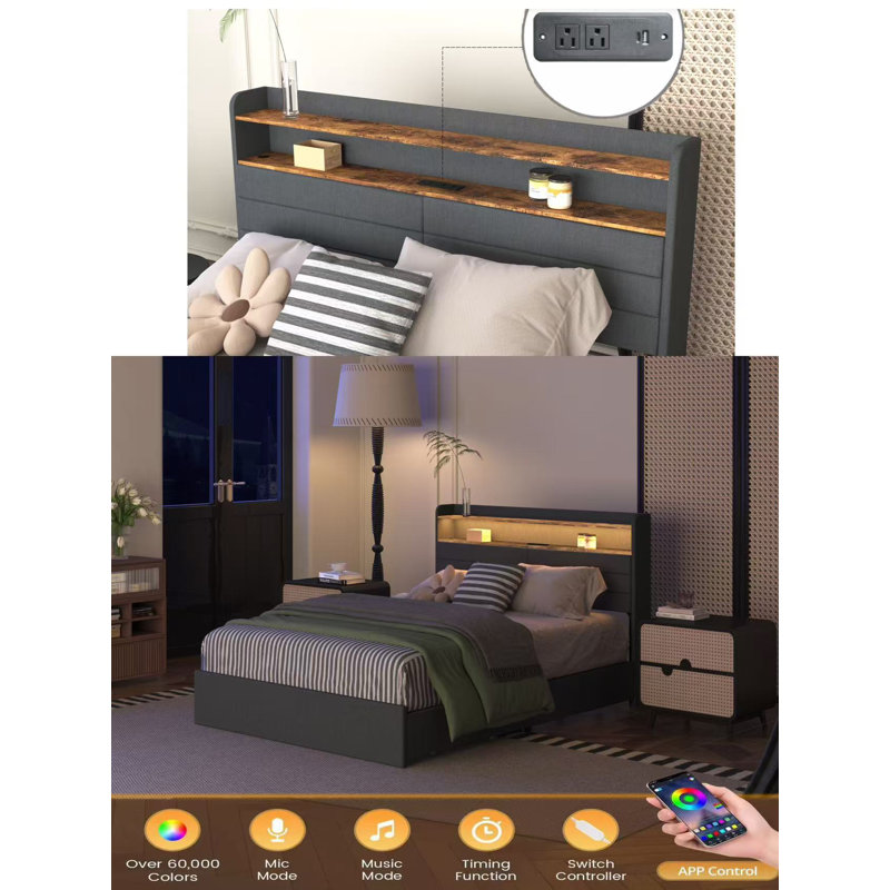 Cadre de grand lit avec 4 tiroirs de rangement, cadre de lit grand format avec tête de lit tapissier avec tête de lit, éclairage à DEL et station de charge, aucun sommier nécessaire, sans bruit, assemblage facile