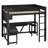 Full-Size Wood Gaming Loft Bed with Desk, Storage Shelves, LED Light & USB Charging Station, Black-394776552