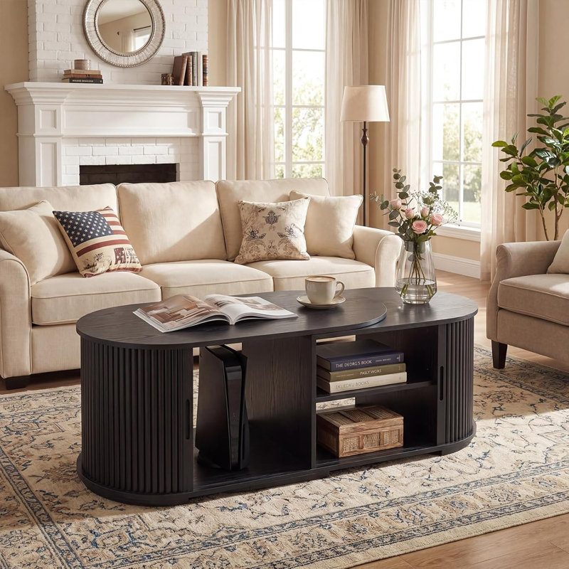 Table basse extensible ovale avec porte cannelée coulissante et tablettes ouvertes, Brown