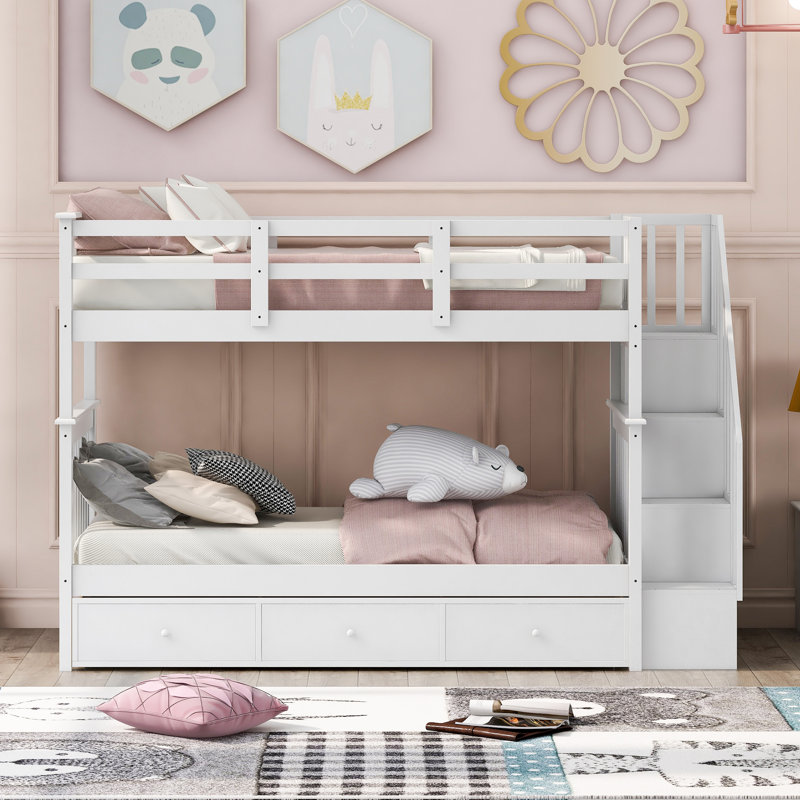 Xavier Stairway Bunk Bed with Drawers & Shelves, Twin Over Twin, White