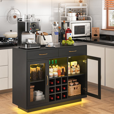 43 Inches Wine Bar Cabinet With Led Lights, Coffee Bar Cabinet With 9-bottle Rack & Glass Holder, Bar Cabinet Liquor Cabinet, Kitchen Buffet Sideboard With Storage For Living Room, Dining Room, Black