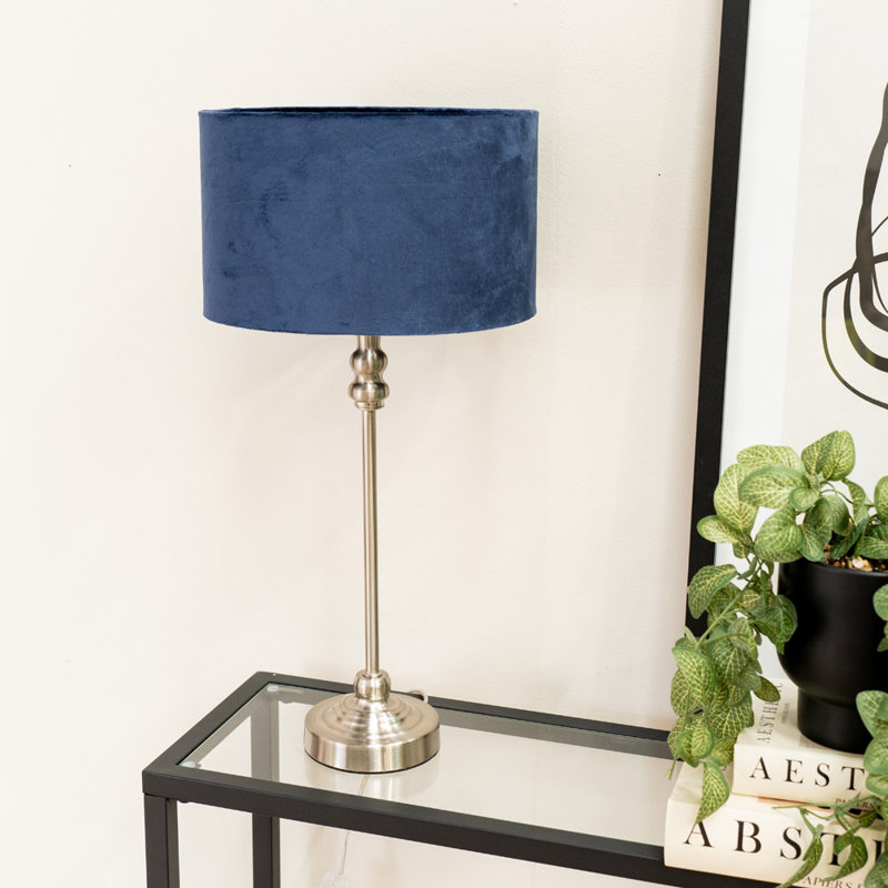 Saylorsburg Metal Table Lamp, Silver, Navy Blue Velvet, No