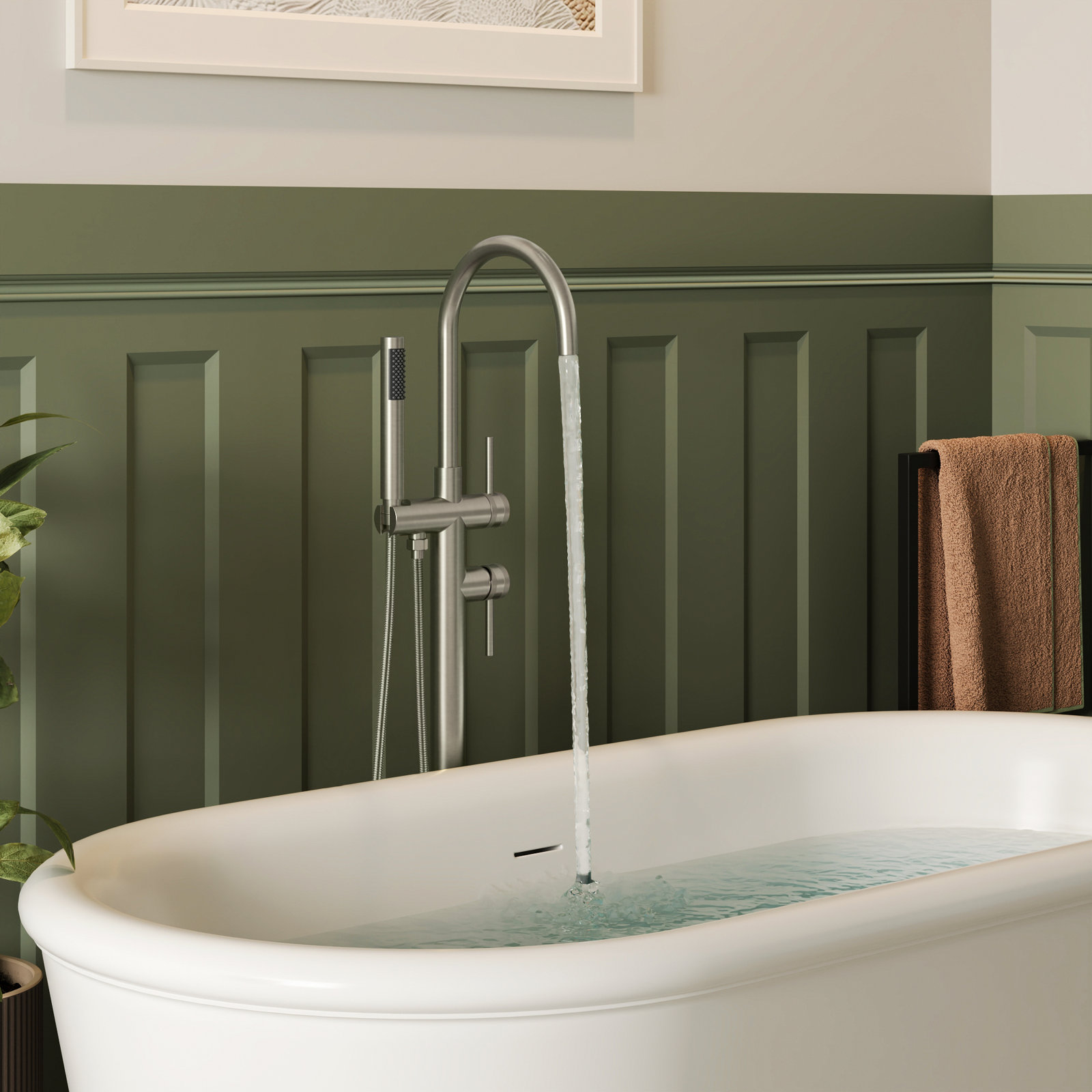 Freestanding Tub Filler with Hand Shower, Brushed Nickel