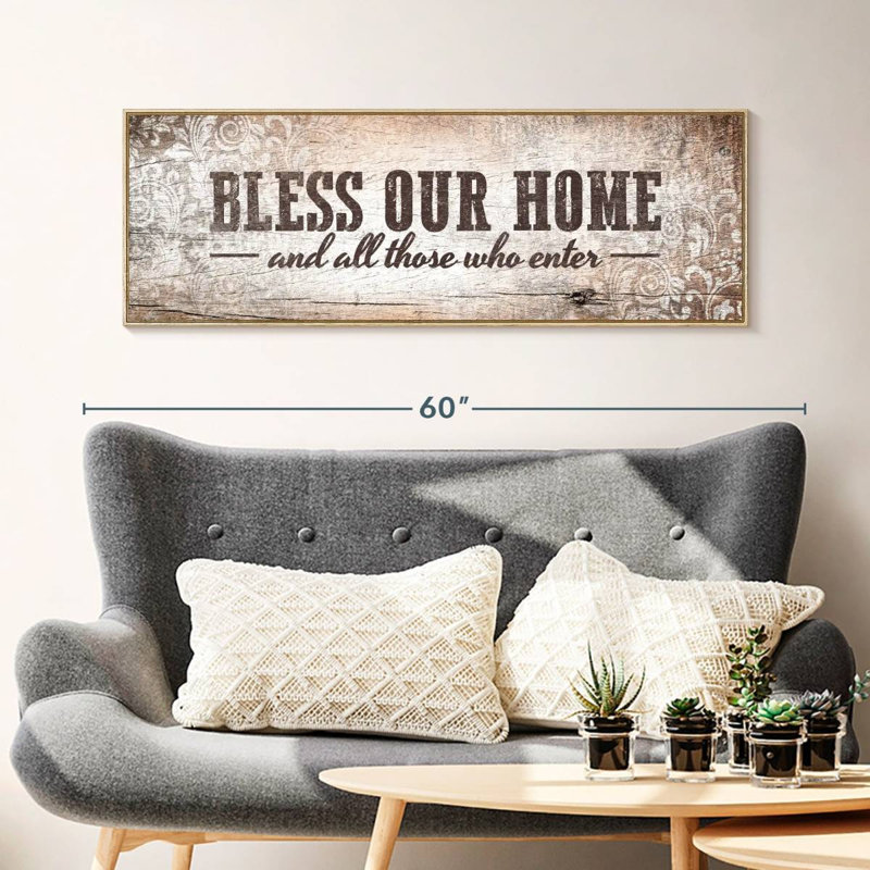 Plaque murale «Bless Our Home», 46 po x 16 po, Cadre flottant en bois naturel
