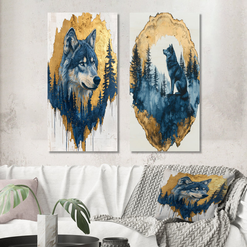 Loup doré dans la forêt bleue, paysage I - animaux, collection de 2 panneaux sur toile, H 28 po x l 25 po, Toile tendue