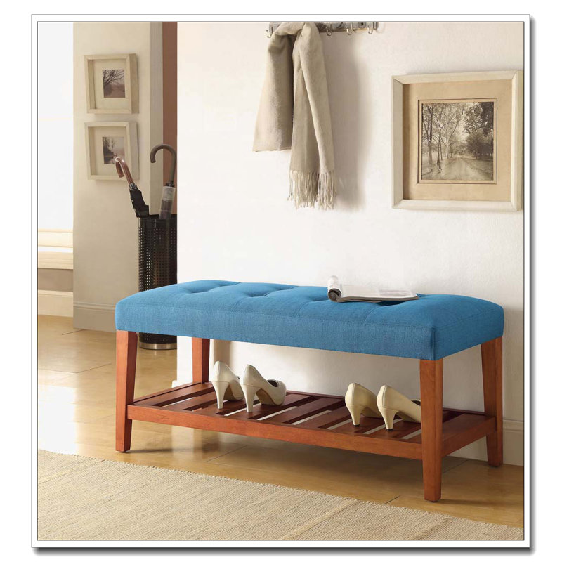 Banc rembourré avec cadre en bois, Bleu clair