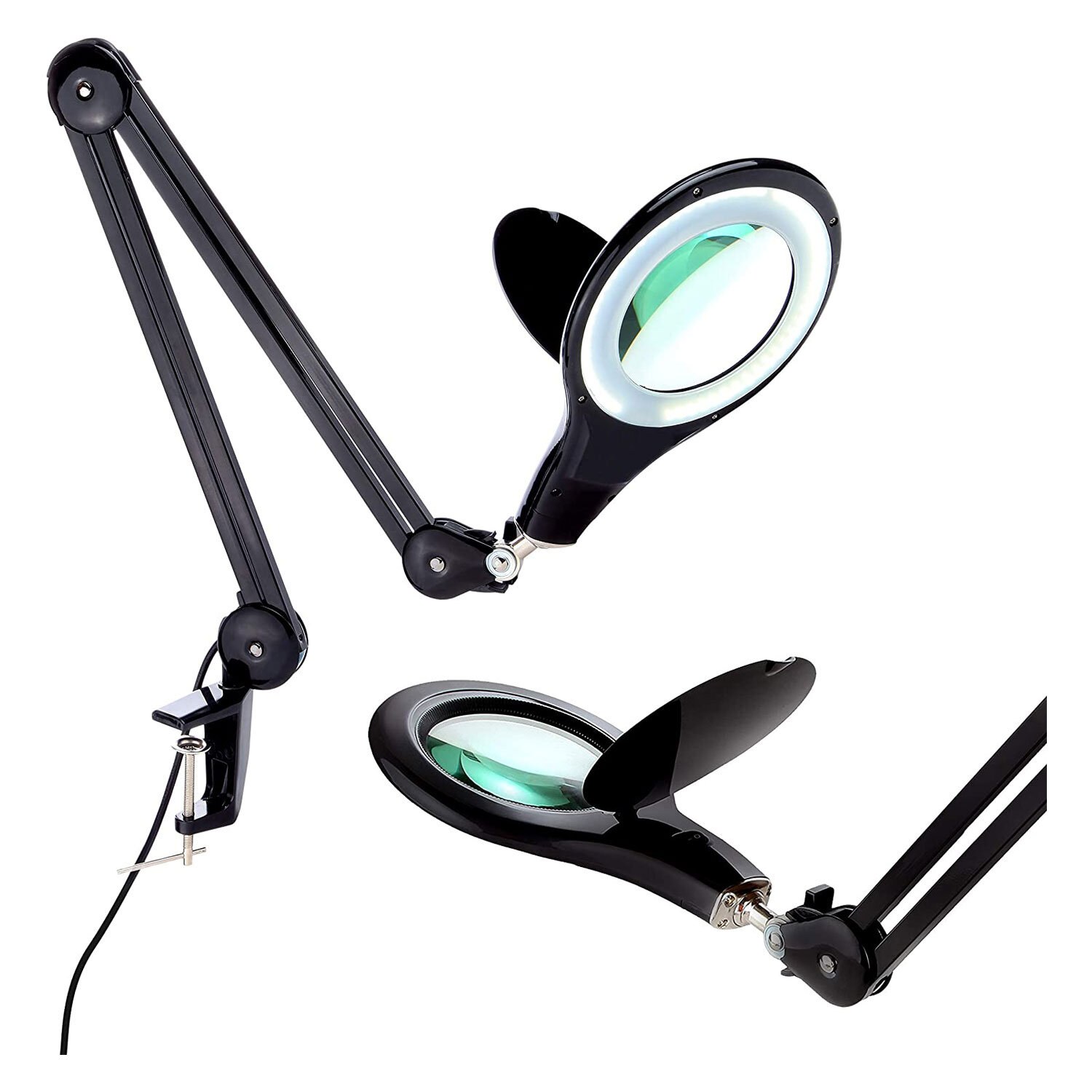 Magnifier Glass Desk Lamp with A Small 12D Lens, 5Diameter Glass Lens, Black