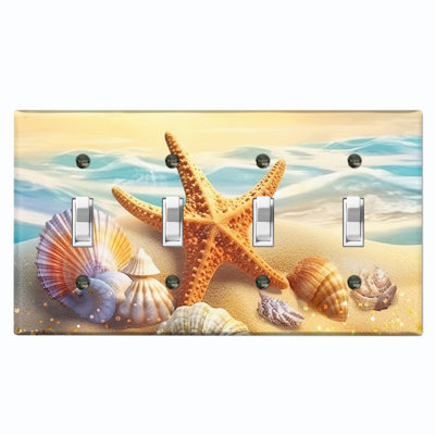 Metal Light Switch Plate Outlet Cover (Ocean Star Fish Sea Shell Beach - Quadruple Toggle)