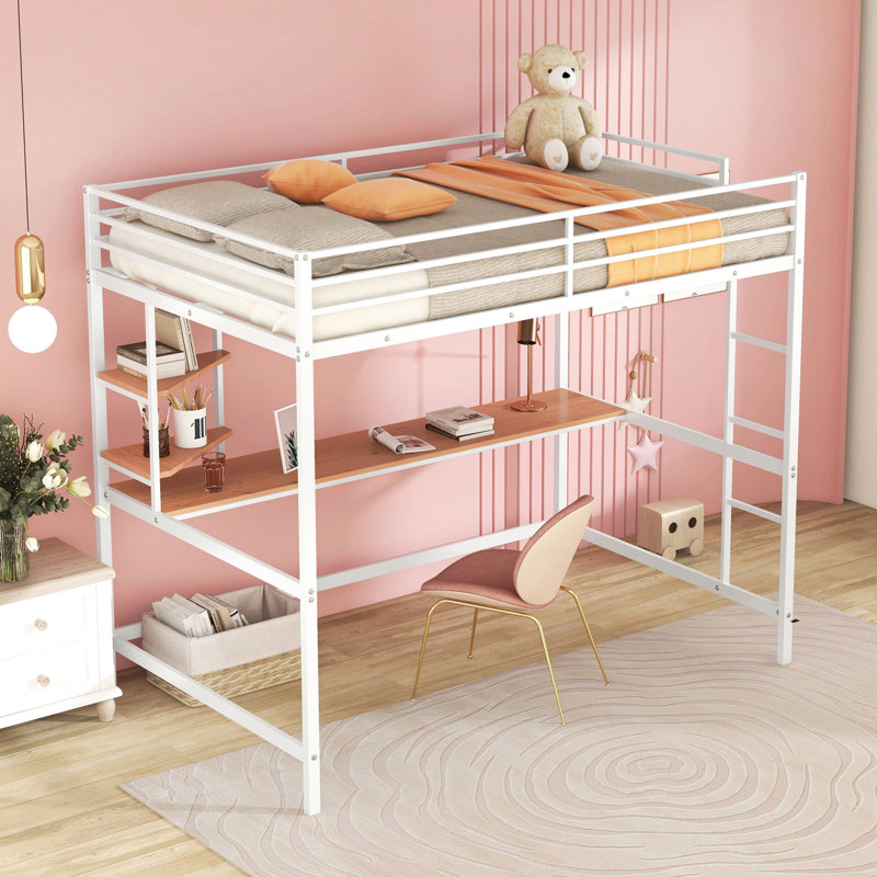 Lit mezzanine en métal avec bureau et tablette, Double, Blanc