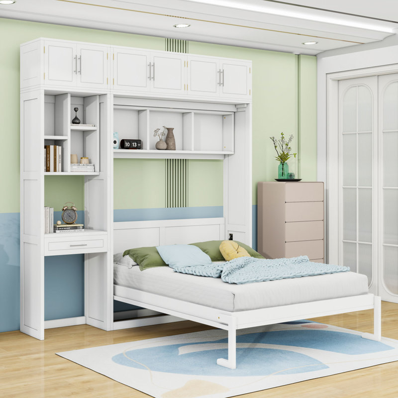 Lit escamotable avec armoires, bureau encastré et tablettes Murphy, Grand lit, Blanc