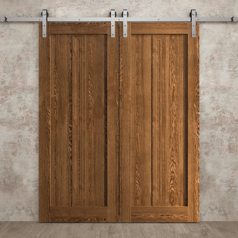 Porte de grange double moderne 64 x 80 pouces Ego 5006 Chêne Cognac, rail argenté de 13 pieds, portes intérieures à panneaux pleins