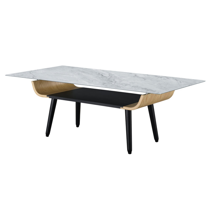 Table basse de 47 po, texture marbre de verre, pieds et plateau de rangement noirs, conception évasée en bois massif