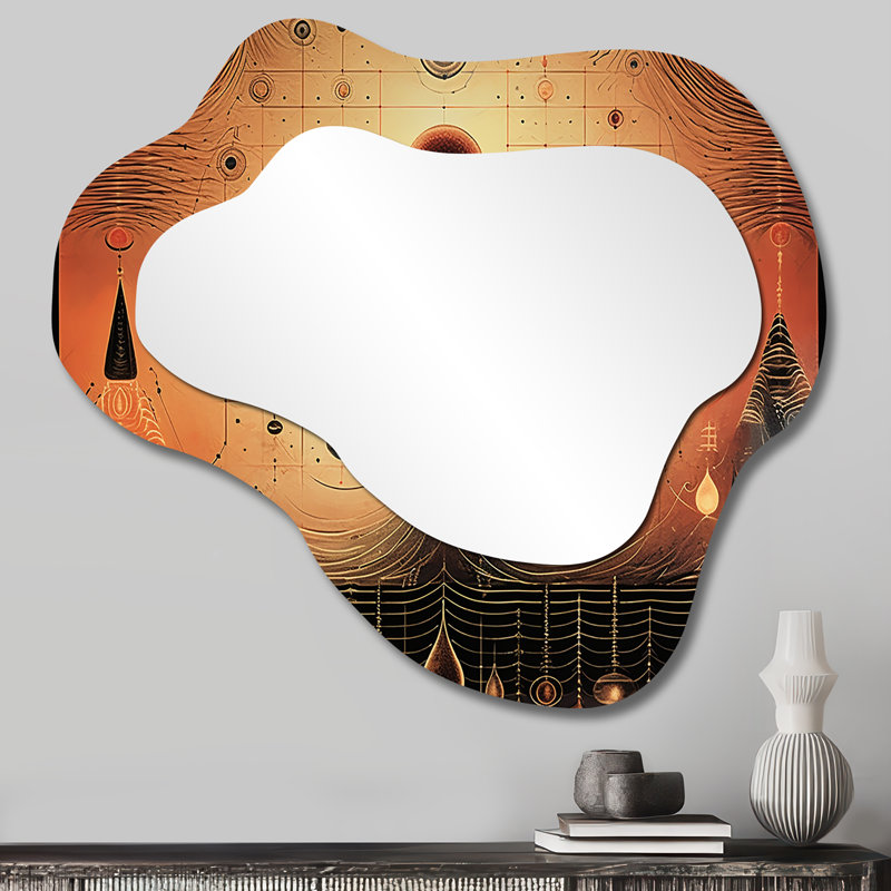Frequencies From The Ages - Landscapes Cloud Mirror, Gold Asymmetrical Unique Wall Mirror, Printed Metal Art, 25" x 28"