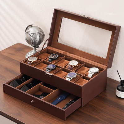Watch Box, Fathers Day Gift For Dad, 12 Slot Mens Watch Case With Drawer, 2-Layer Watch Display Case With Glass Lid, Mens Jewelry Box Storage Holder Organizer -12Slot, Espresso