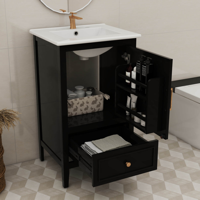 Armoire de meuble-lavabo simple autoportante 20 po avec porte et tiroir à fermeture silencieuse, Noir
