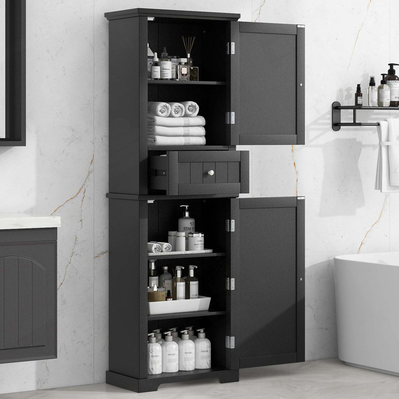 Grande armoire de rangement autoportante pour salle de bain avec tiroir et tablette réglable, finition peinte, Noir