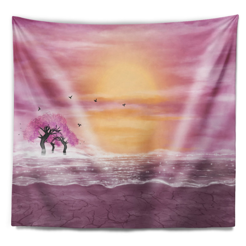 Schafer, paysage d'eau et arbres roses dans une tapisserie du désert, H 68 po x l 80 po