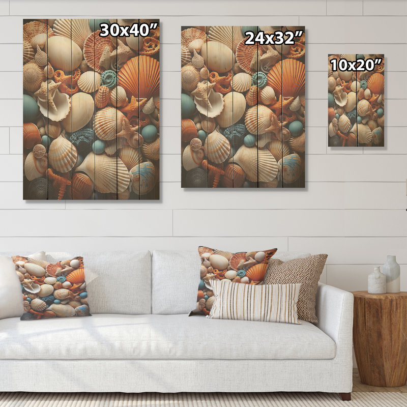 Coquillages classiques au bord de la mer I - coquillage sur bois de pin naturel, H 20 po x l 10 po