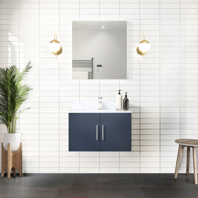 Bleu marine 30 po Meuble-lavabo avec miroir à DEL - Unité de salle de bain à installation rapide de qualité avec rangement