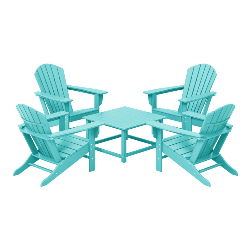 Outdoor 5-Piece Adirondack Chair With Square Coffee Table Conversation Set, Tuquoise