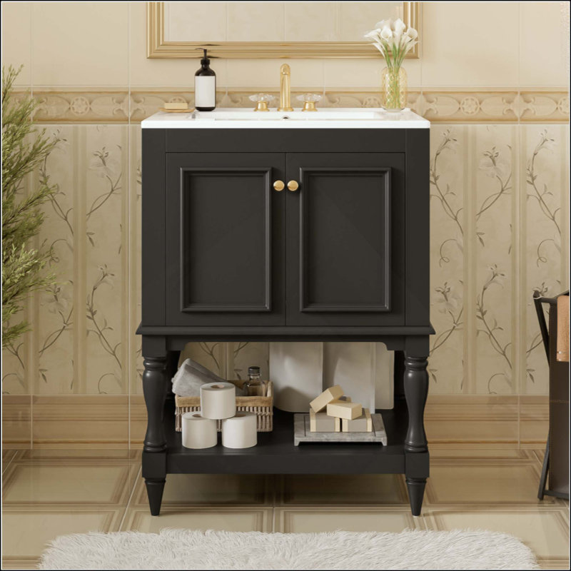 Meuble-lavabo moderne de luxe avec lavabo en céramique, armoire de salle de bain avec tablette ouverte et rangement fermé (robinet non inclus)