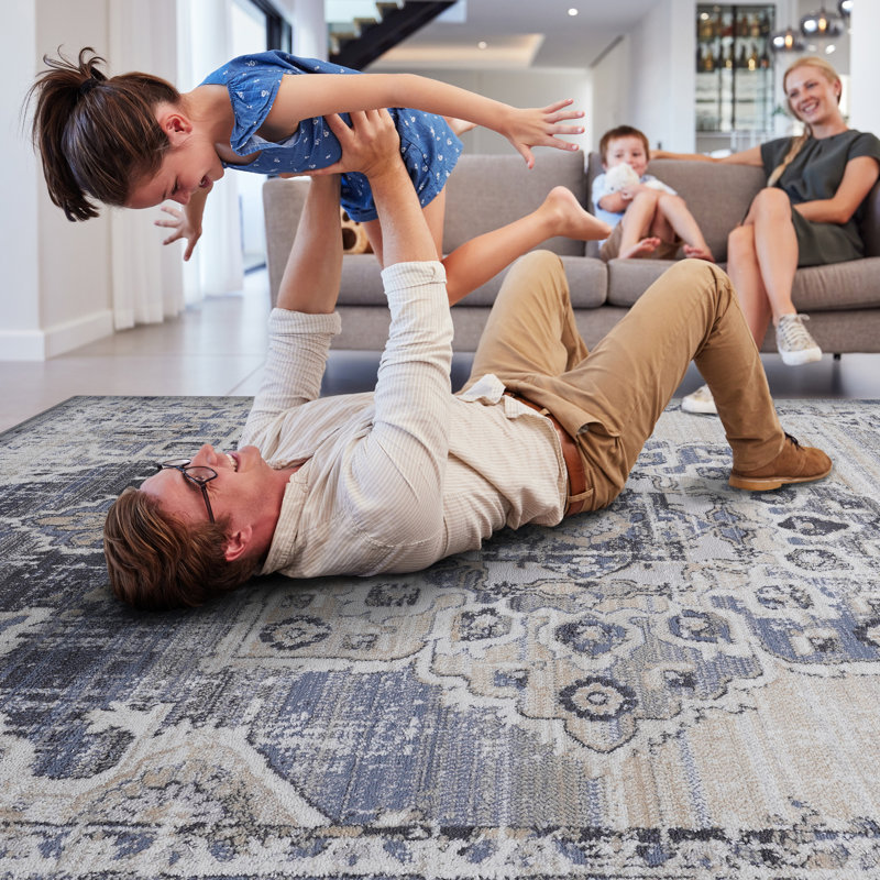 Tapis médaillon crème et bleu 5x7