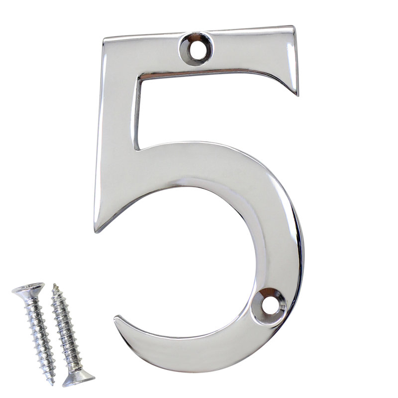 Numéro de maison laiton à fixation en surface, H 3 po, Chrome poli, 5