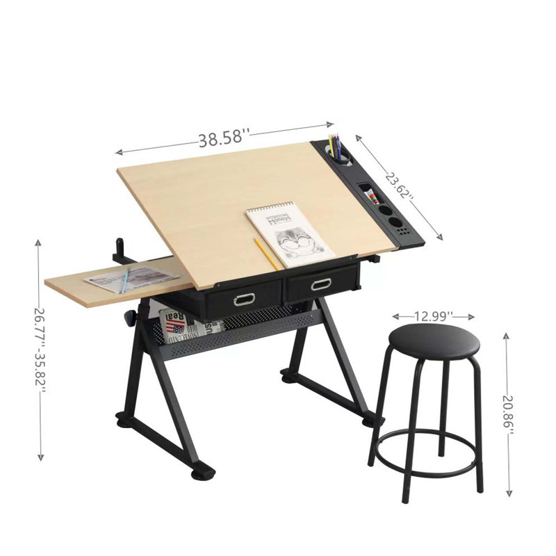 Adjustable Drafting Table Desk With 2 Drawers And Stool, Maple, Maple