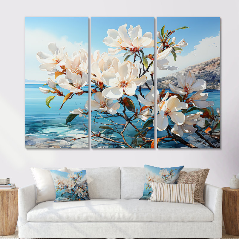 White Plumeria Harmony By The Sea II - Plumeria Canvas Wall Art Set, Wrapped Canvas, 40" H x 60" W x 1" D