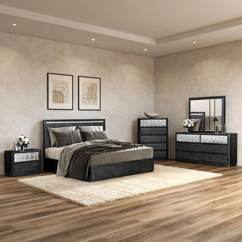 Ensemble de chambre à coucher grand lit 5 pièces Zoko, miroir USB, bois de frêne gris Zoko