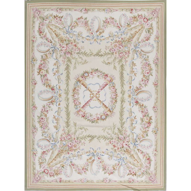 Hand-Knotted High-Quality Ivory and Green Area Rug