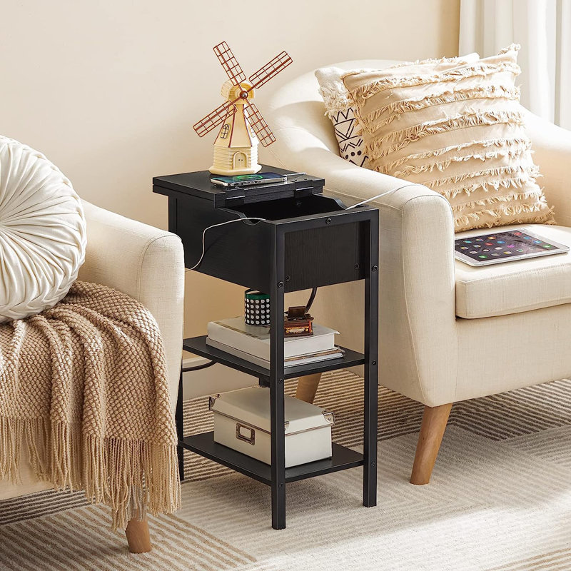 Mychele 25.2" Tall End Table with Storage and Charging Station, Black