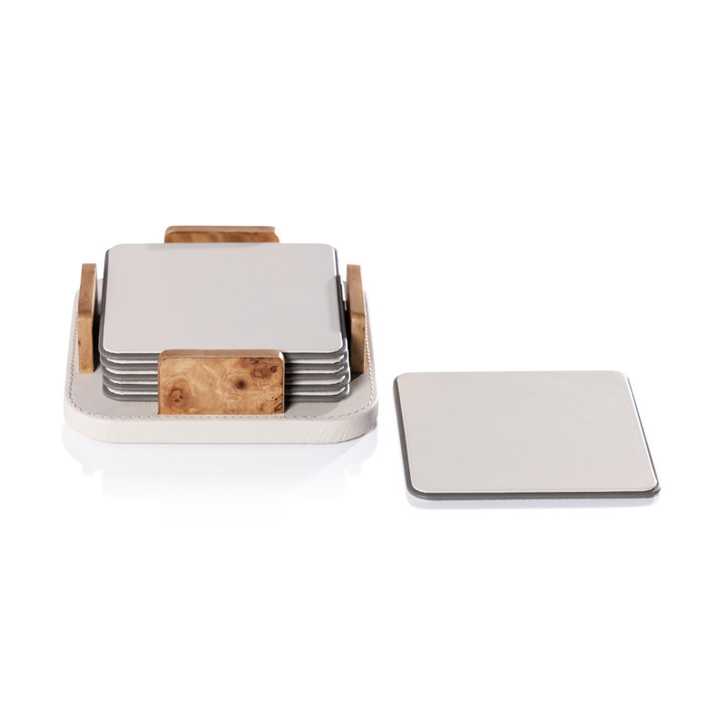Sotto 6-Piece Leather Coaster Set with Holder, Ivory, Brown