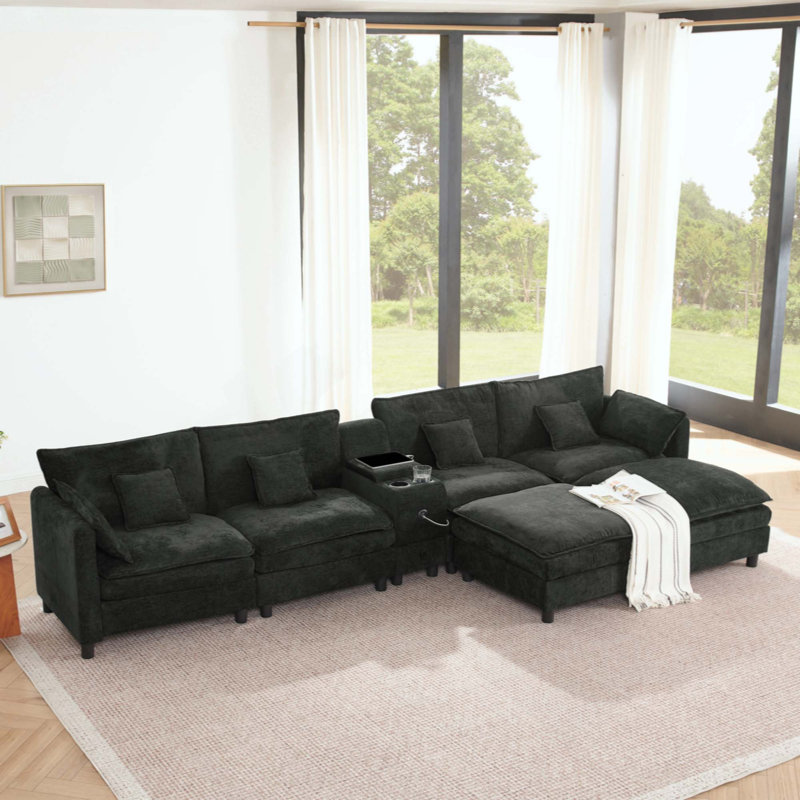 Canapé modulaire modulaire en L avec méridienne réversible, port USB, tiroir de rangement, console avec porte-gobelet rabattable, poches pour accoudoirs et coussins amovibles
