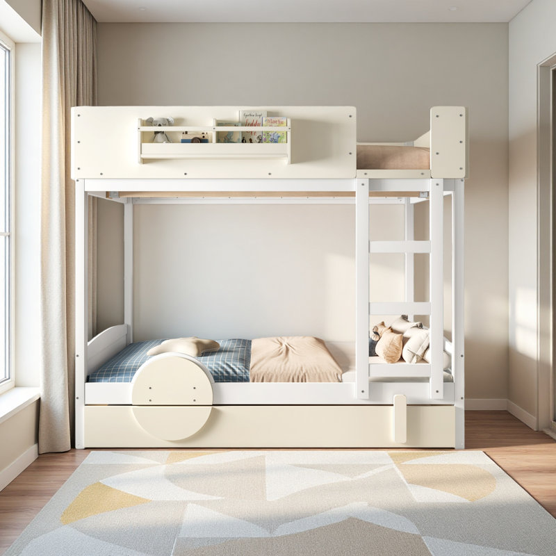 Lit superposé double avec lit gigogne, cadre de lit superposé en bois avec bibliothèque intégrée et garde-corps de sécurité de haute qualité, conception de forme d'automobile pour enfants
