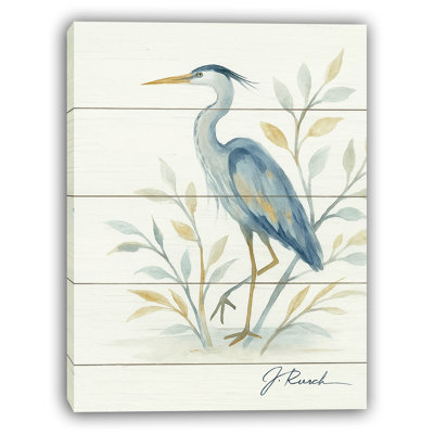 Blue Heron with Botanical Accents on Rustic Wood Canvas Wall Art