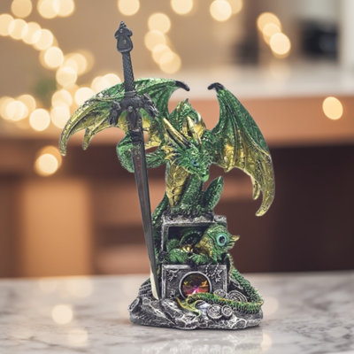 6"H Green Dragon with Treasure Box Figurine