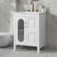 Ensemble de meuble-lavabo autoportant gris 24 po avec lavabo en céramique, double tiroir et portes en verre, finition bois moderne.