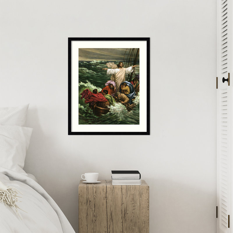 «Christ Calming Storm Sea Galilee» par American School, reproduction d'art sur bois encadrée