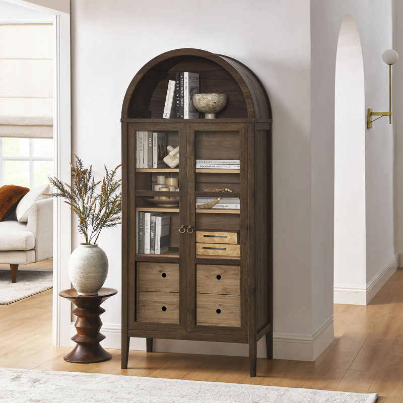 Nolan Walnut Hickory Arched Storage Display Cabinet with Glass Doors