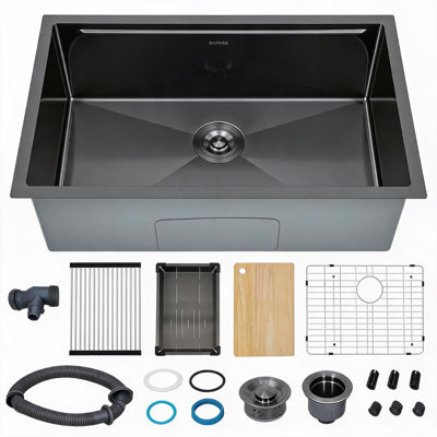 Évier de cuisine à cuve unique encastrée sous plan de 76 cm (30 po), en acier inoxydable 201 noir, construction de calibre 16, avec panneau d'ouverture et ensemble d'accessoires de 5 pièces pour une utilisation sur un poste de travail.